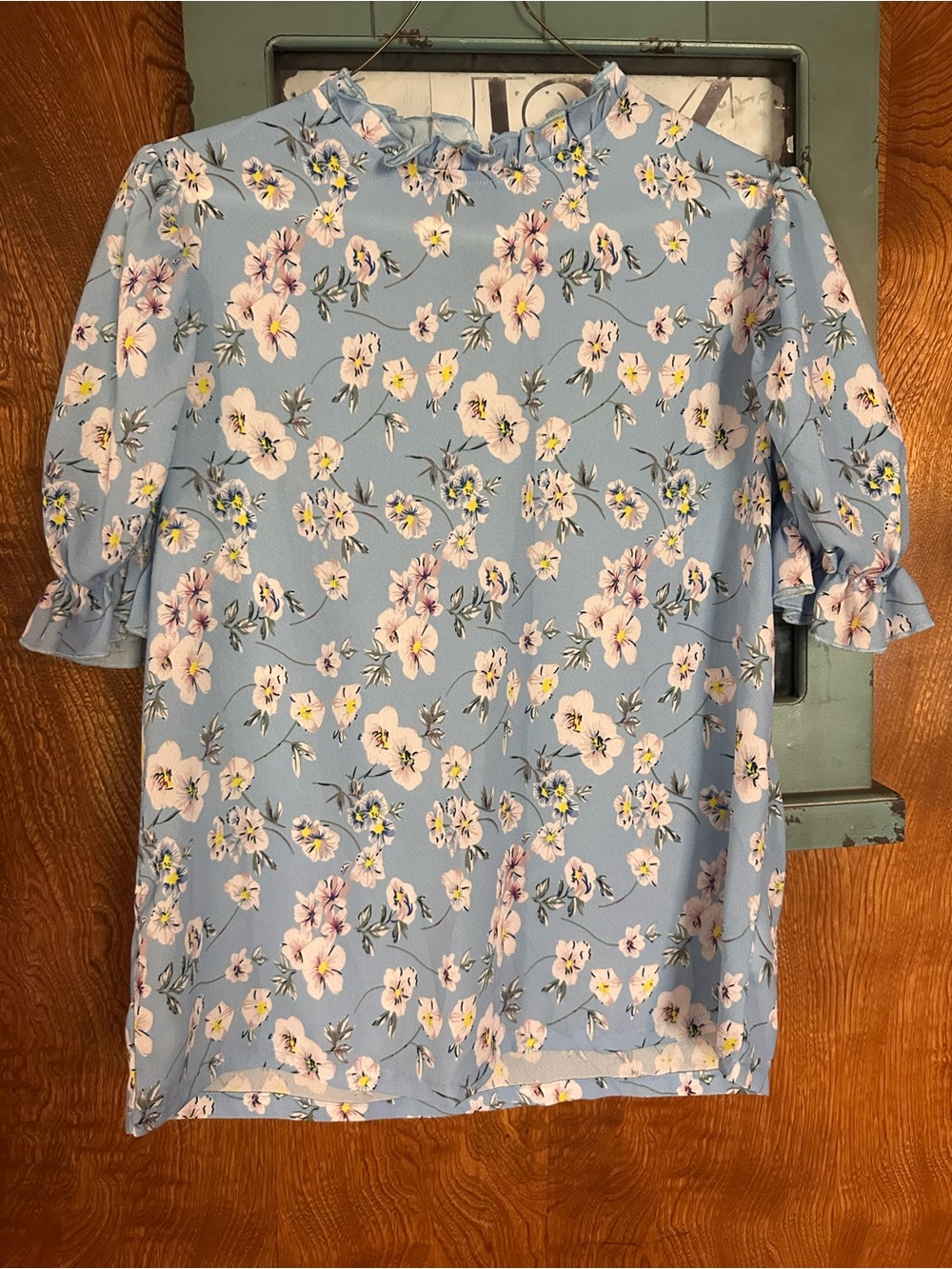 Light Blue Floral Ruffle-Neck Women's Top